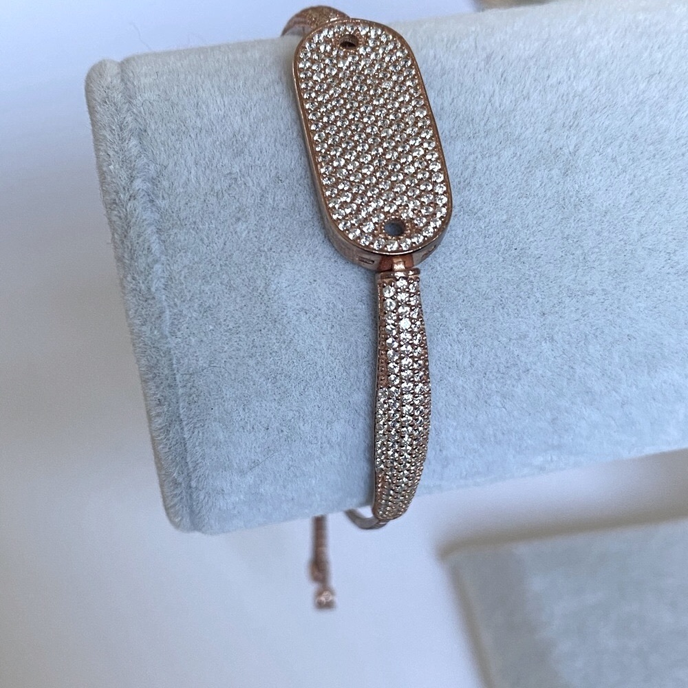 925 Silver bar bracelet clear cubic zirconia cz stones bolo slider lock